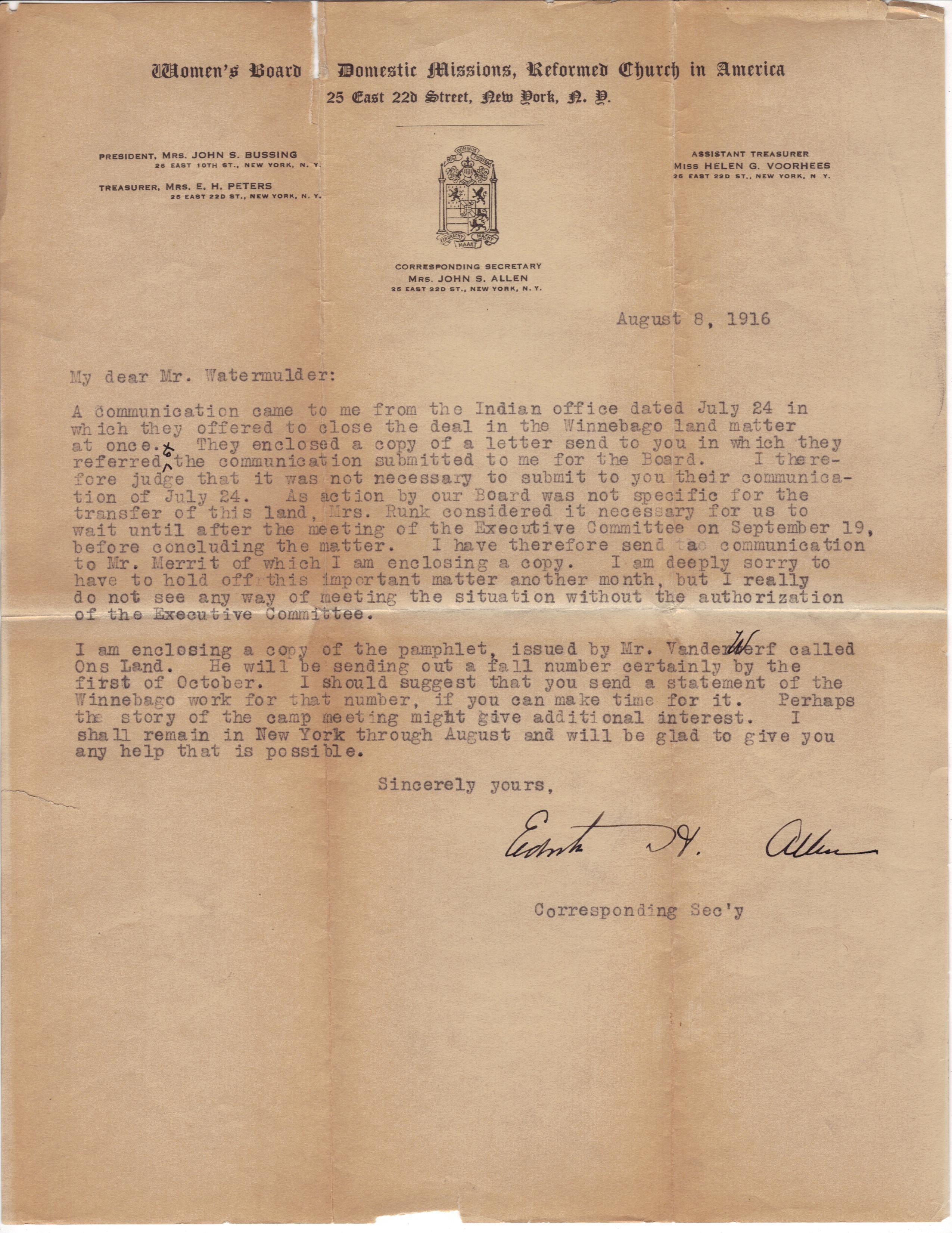 August 8, 1916: Wait for executive committee meeting (1)